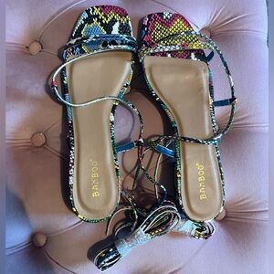 BAMBOO Multicolor Snake-Print Strappy Square-Toe Sandals